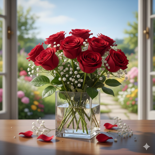 Valentine Red Roses with Gypsophilia Valentine Red Roses with Gypsophilia